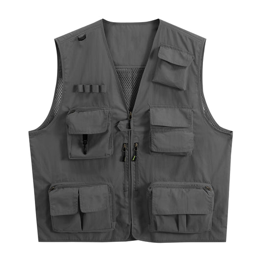 Men's V-neck solid color outdoor multi pocket casual vest gray