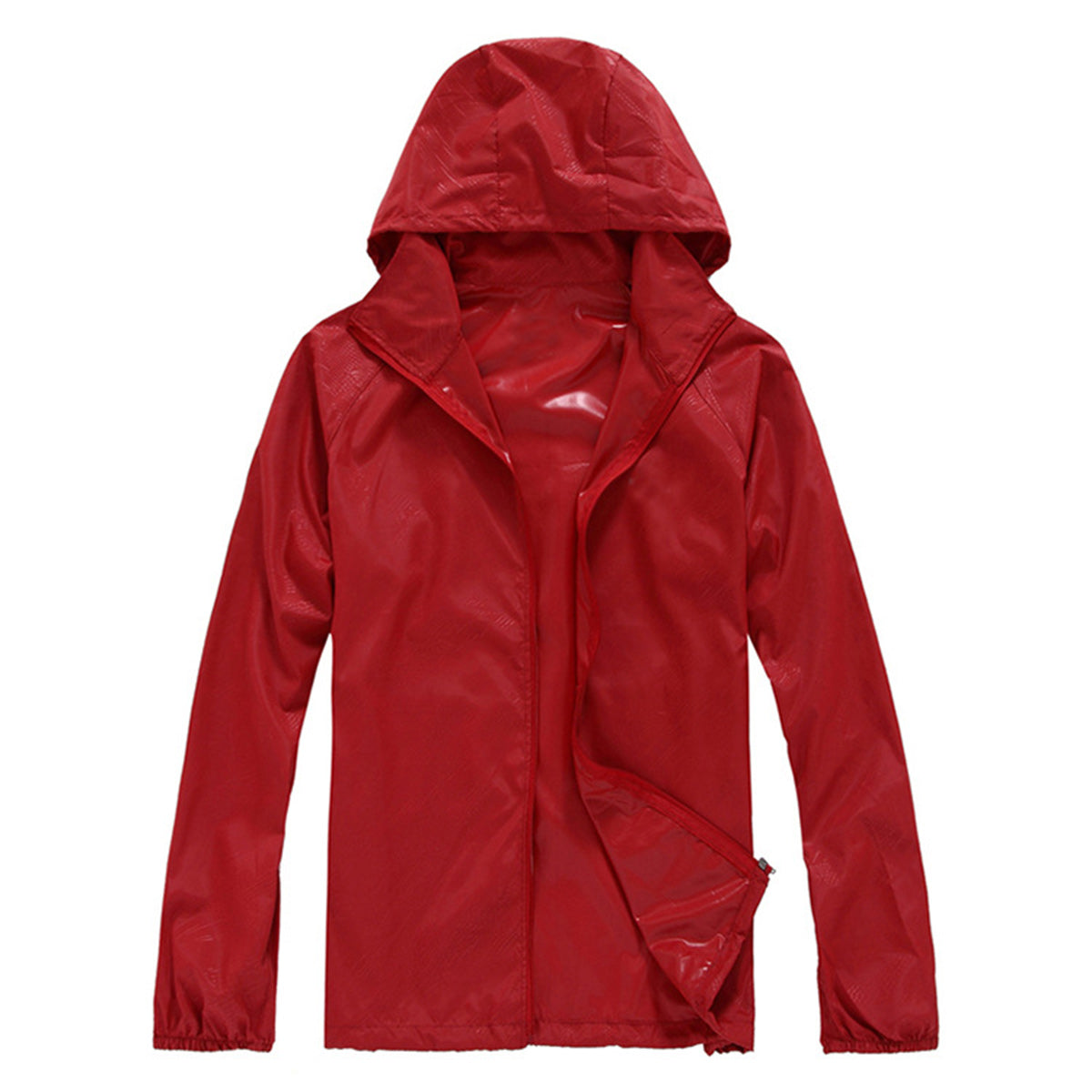 Men's solid color dark pattern zipper hooded waterproof sunscreen suit comes with a same color storage bag in bright red