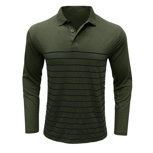 Men's lapel striped long-sleeved T-shirt army green