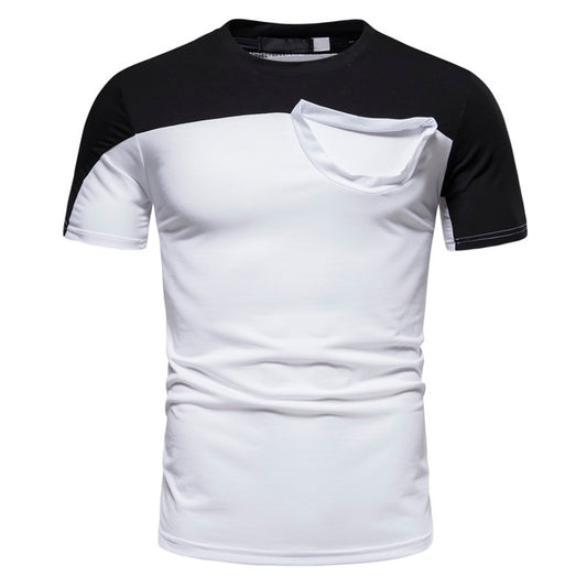 Men's color-blocked round neck short-sleeved T-shirt with upper black and lower light gray