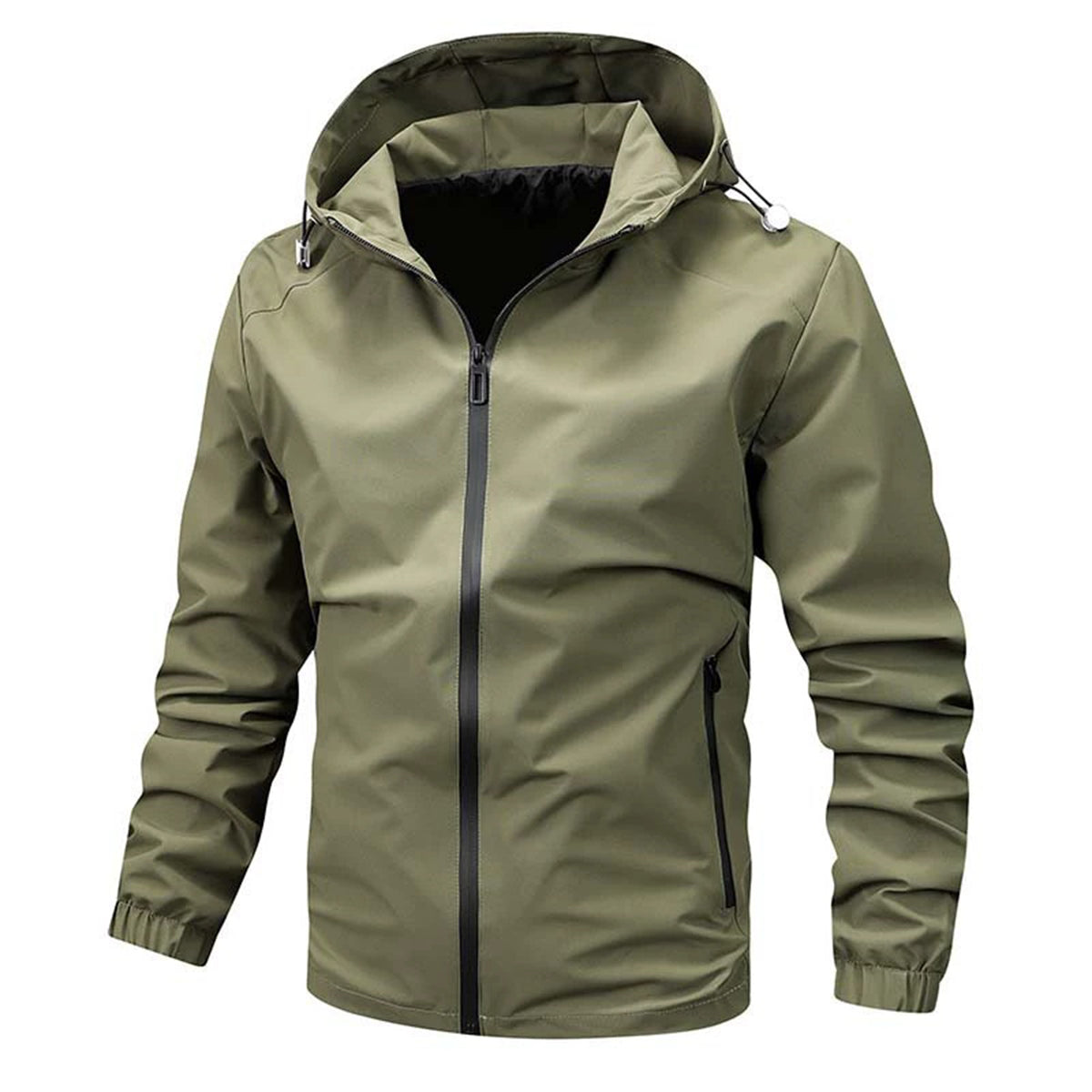Men's single-zip hooded casual jacket in solid green