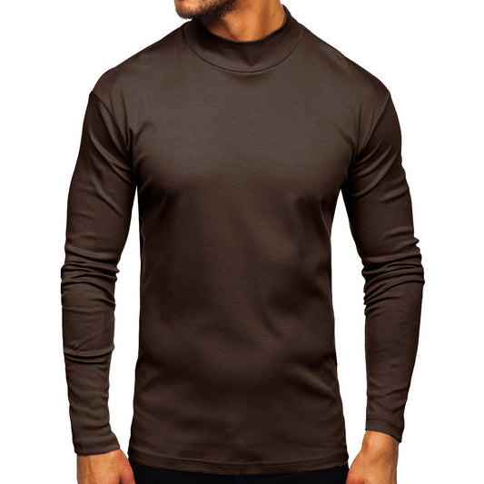 Men's solid color high neck long sleeved T-shirt, deep coffee