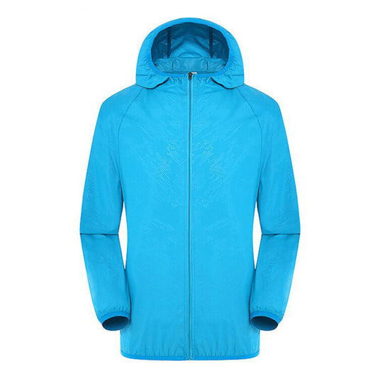 Men's solid color dark pattern zipper hooded waterproof sunscreen suit comes with a same color storage bag in sky blue