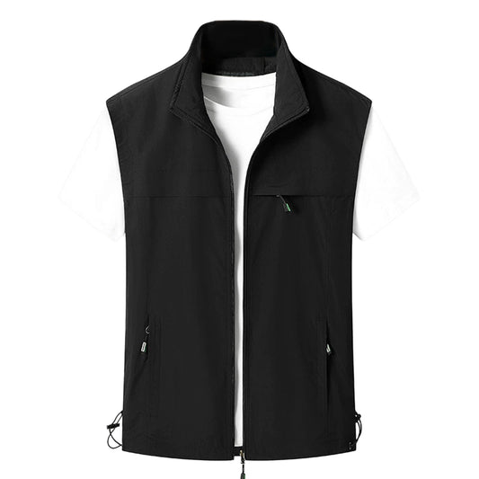 Men's solid color stand collar single zip casual vest black