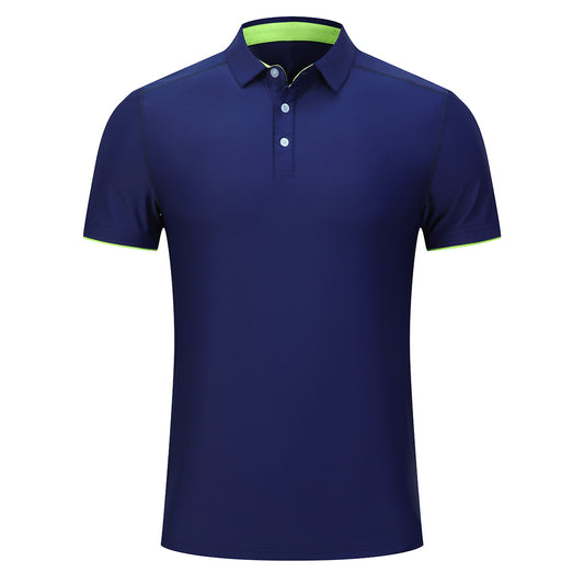 Men's solid color quick drying POO collar short sleeved T-shirt in navy blue