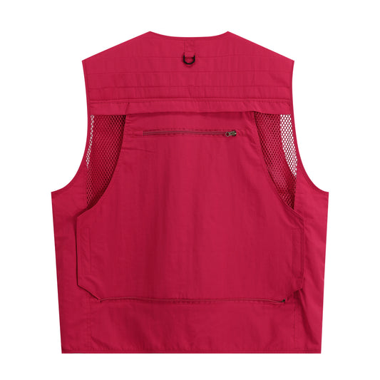 Men's V-neck solid color outdoor multi pocket casual vest in red