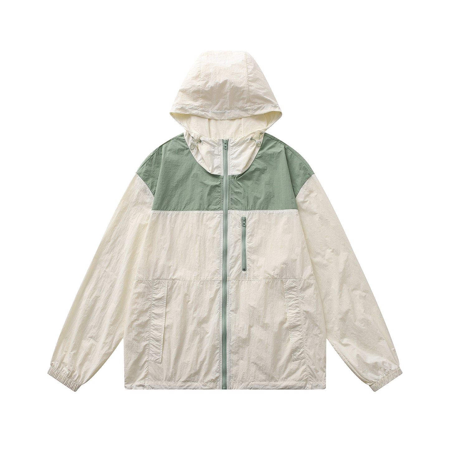 Men's color blocked hooded long sleeved sunscreen jacket in apricot color