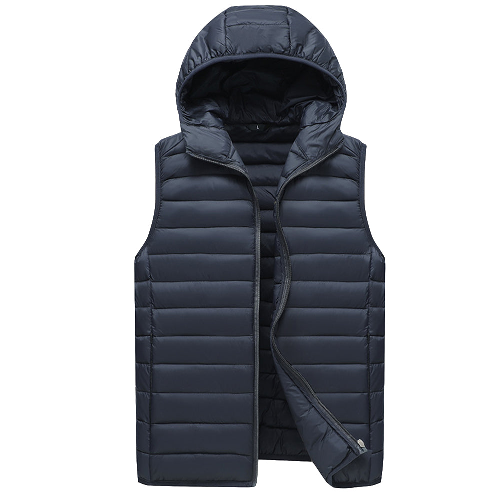 Men's middle-aged solid color plush hooded vest navy blue