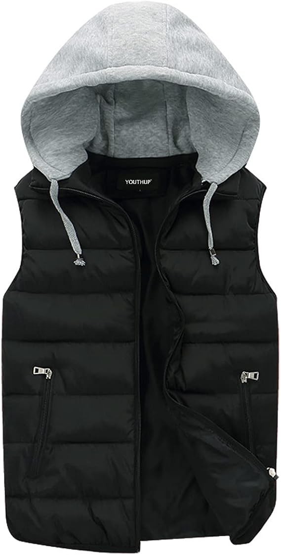 YOUTHUP Men's Sleeveless Quilted Down Jacket, Lightweight Color Hooded Vest, Thick Coats for Winter.