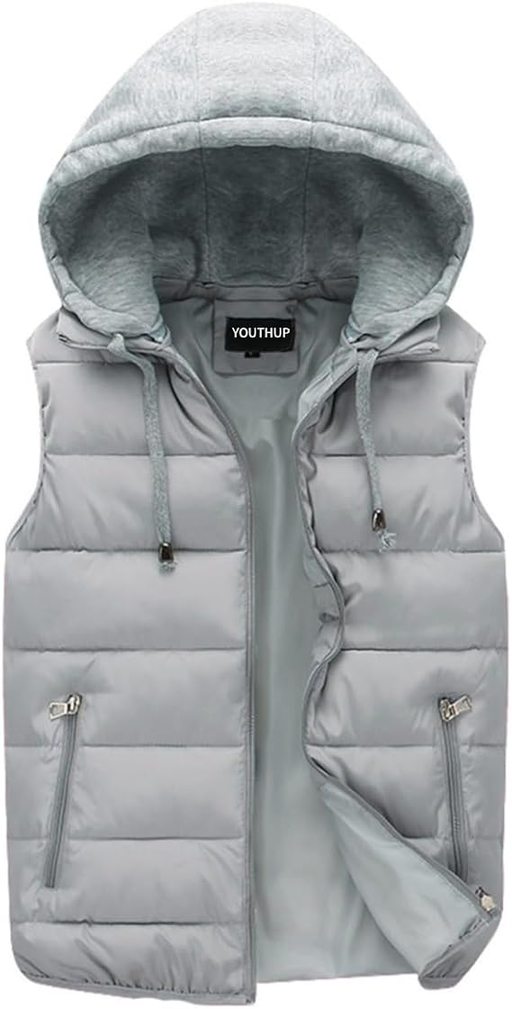 YOUTHUP Men's Sleeveless Quilted Down Jacket, Lightweight Color Hooded Vest, Thick Coats for Winter.