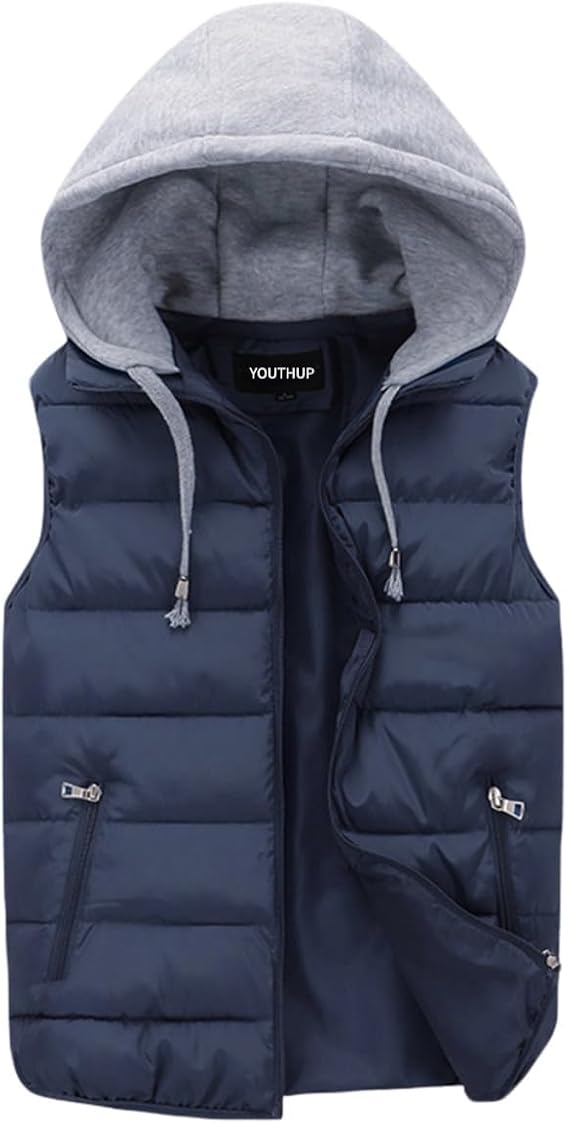 YOUTHUP Men's Sleeveless Quilted Down Jacket, Lightweight Color Hooded Vest, Thick Coats for Winter.