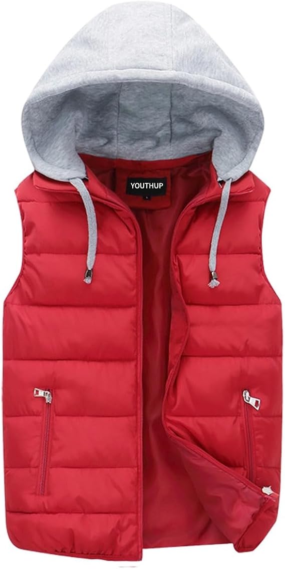 YOUTHUP Men's Sleeveless Quilted Down Jacket, Lightweight Color Hooded Vest, Thick Coats for Winter.