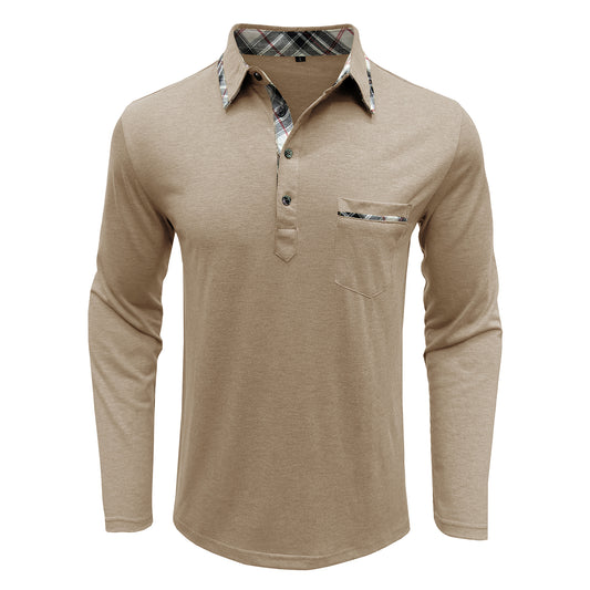 Men's lapel long-sleeved slim T-shirt apricot