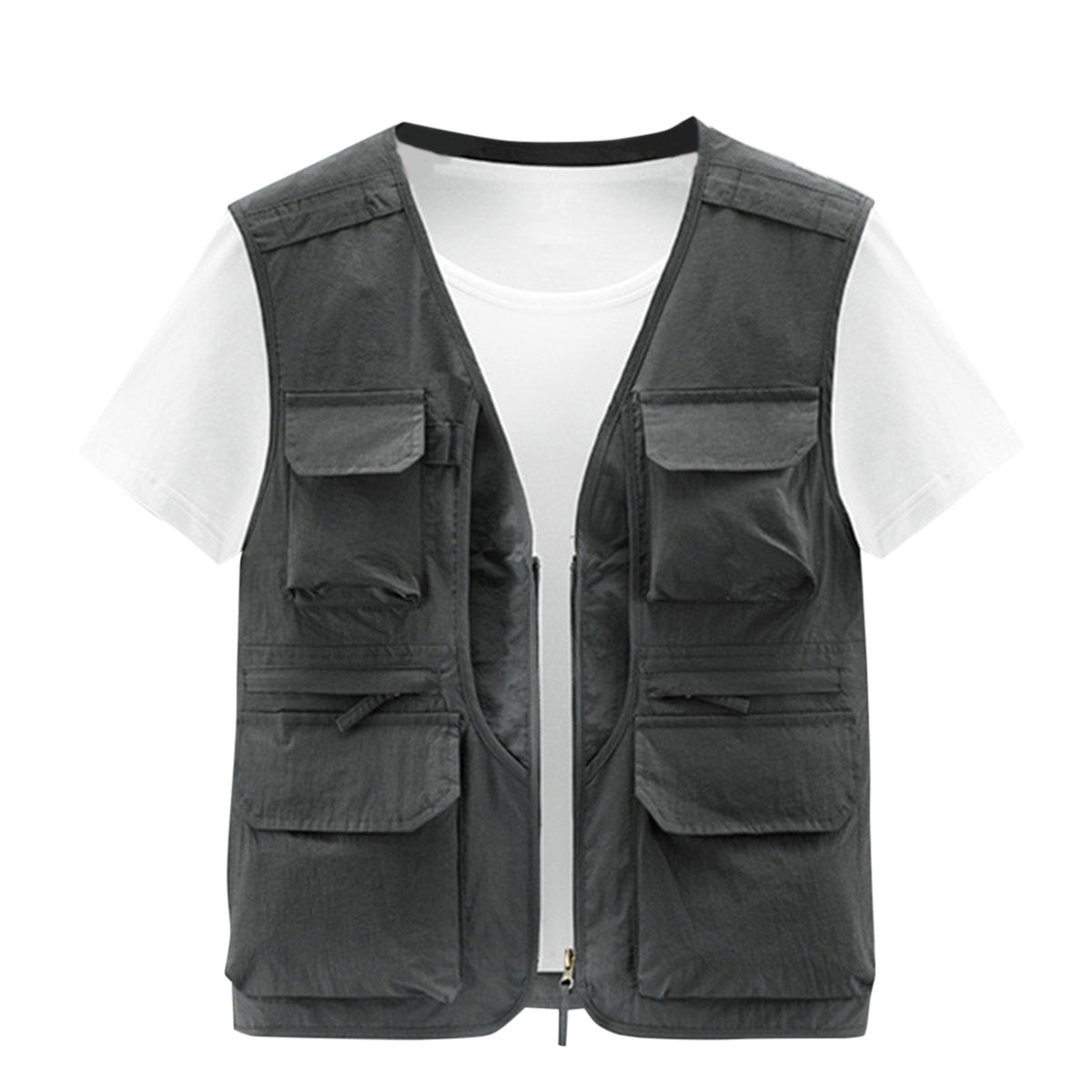 Men's solid v-neck casual suit with zip vest gray