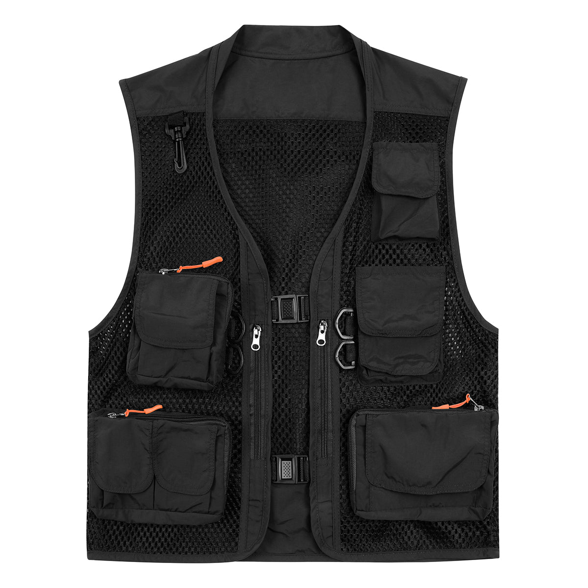 Men's solid color multi-pocket thin mesh casual vest black