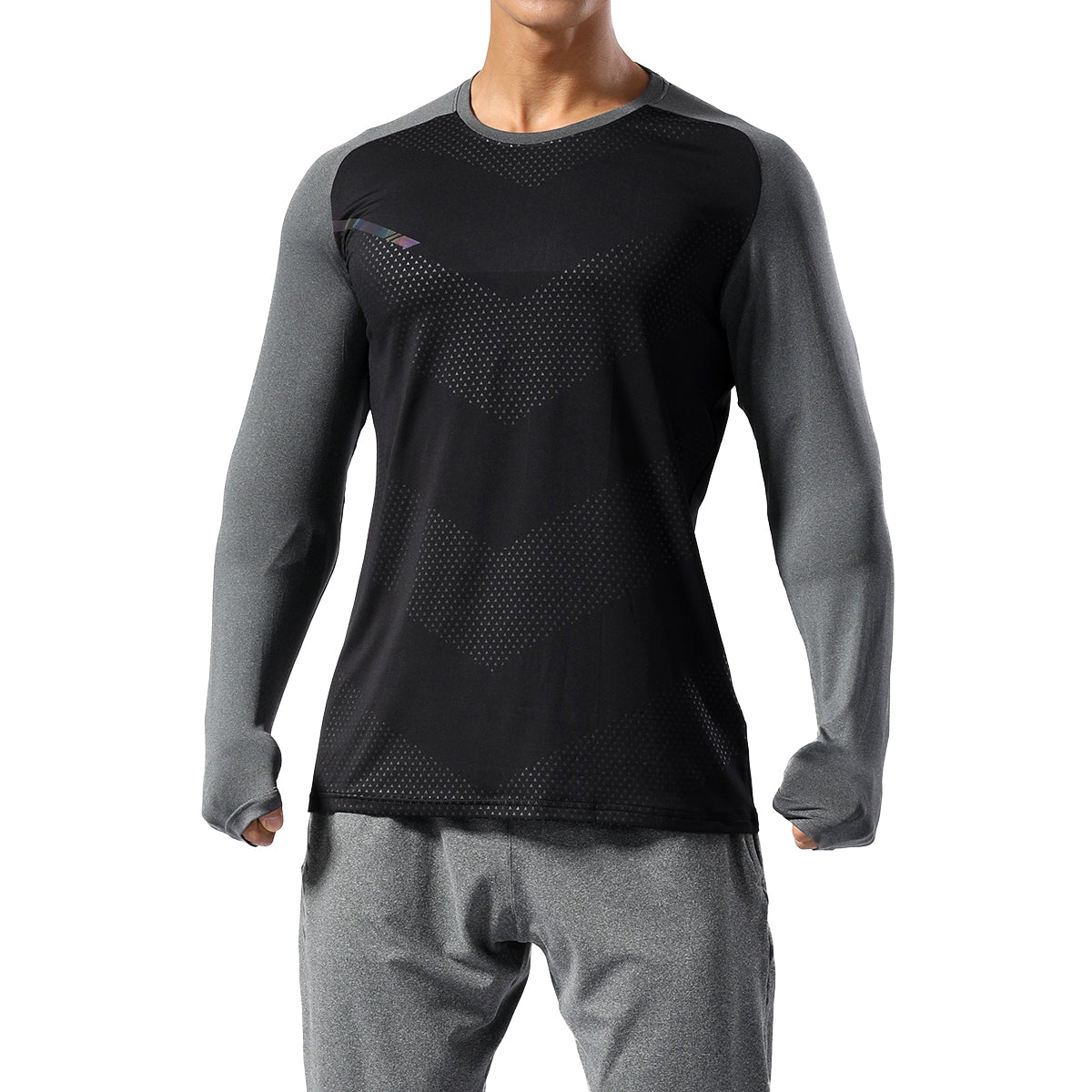 Men's color blocked round neck quick drying long sleeved T-shirt in black