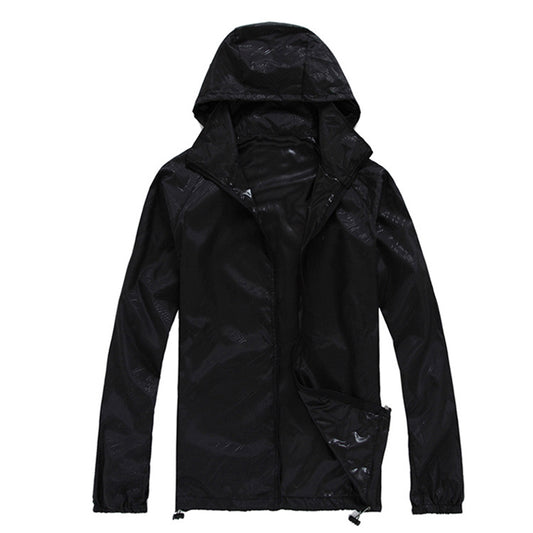 Men's solid color dark pattern zipper hooded waterproof sunscreen suit comes with a black storage bag in the same color