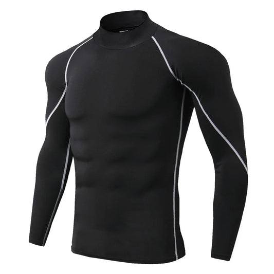 Men's solid color stand up collar long sleeved T-shirt with black background and gray thread