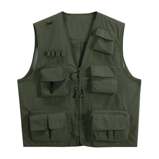 Men's V-neck solid color outdoor multi pocket casual vest military green