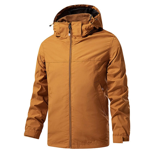 Men's casual single zip hooded jacket in solid orange