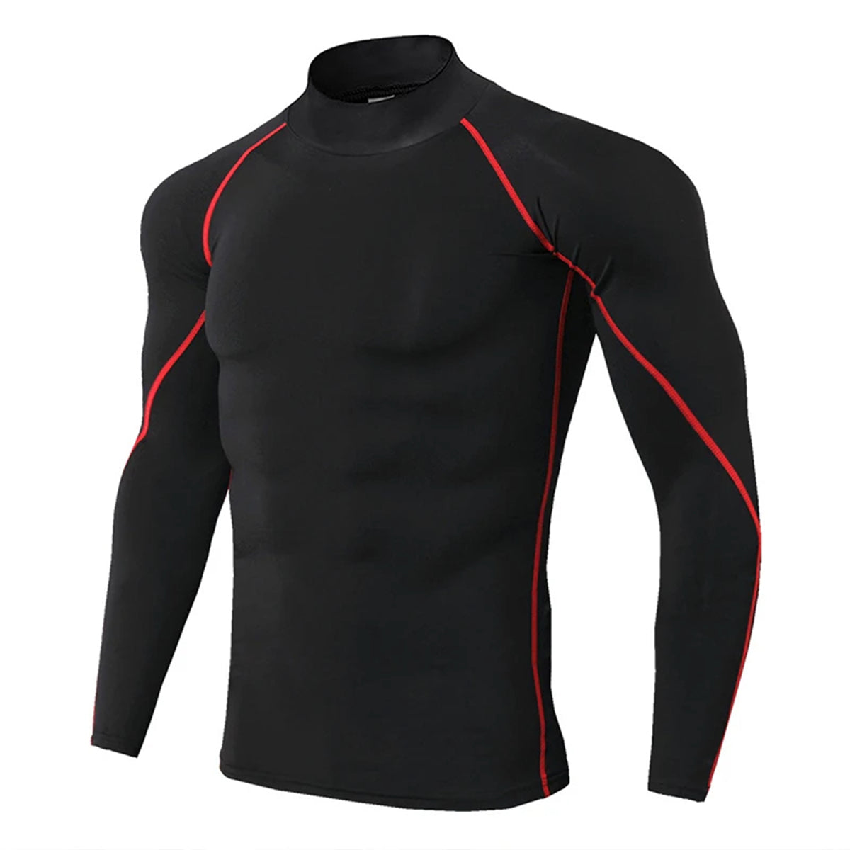 Men's solid color stand up collar long sleeved T-shirt with black background and red line
