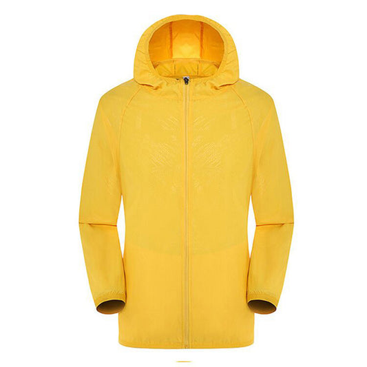 Men's solid color dark pattern zipper hooded waterproof sunscreen suit comes with a same color storage bag in bright yellow