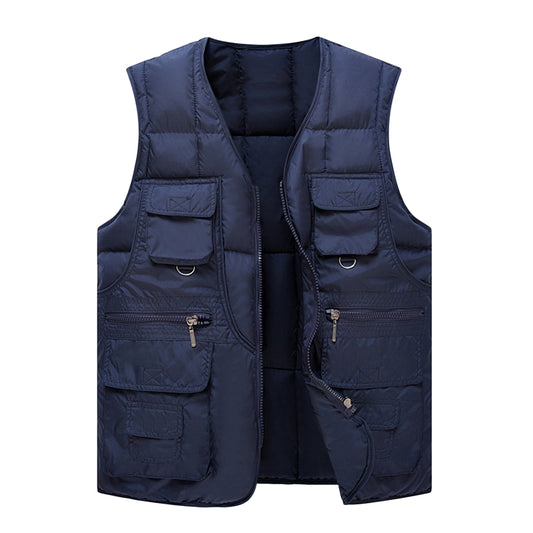 Men's solid color multi-pocket down vest vest navy blue