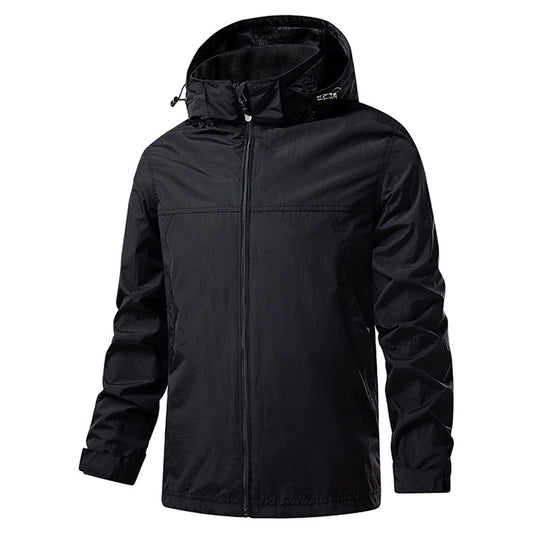 Men's casual single zip hooded jacket in solid black