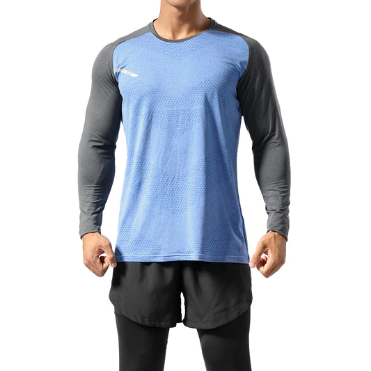 Men's color blocked round neck quick drying long sleeved T-shirt sky blue