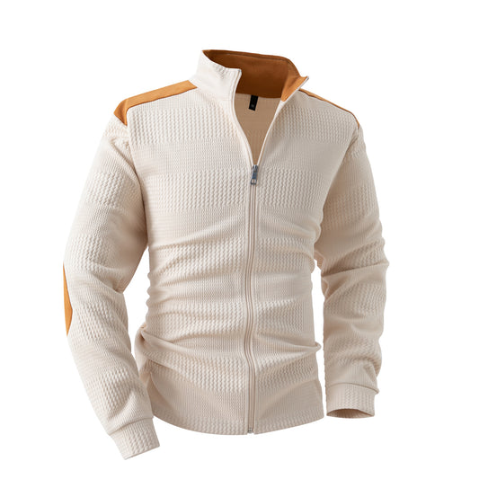 Men's patchwork collar zippered long sleeve t-shirts khaki