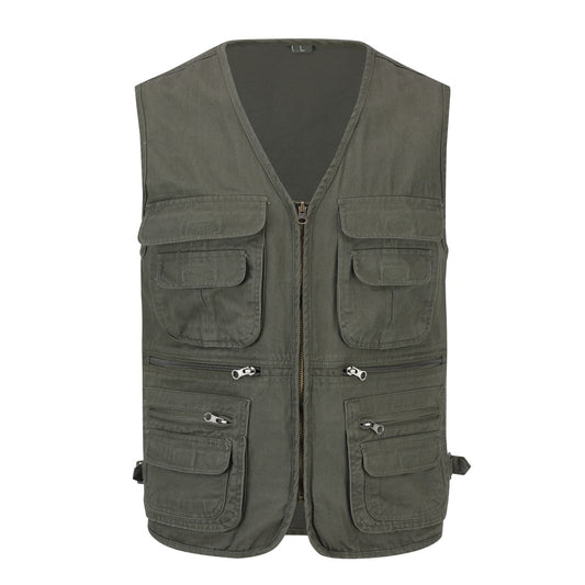 Men's solid color v-neck multi-pocket vest military green