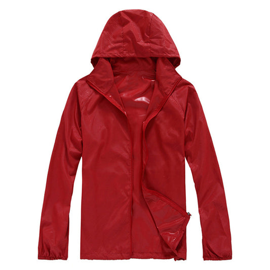Men's solid color dark pattern zipper hooded waterproof sunscreen suit comes with a same color storage bag in bright red
