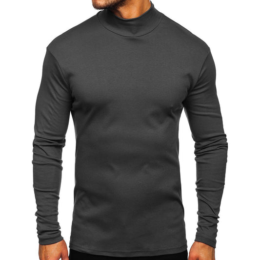 Men's solid color high neck long sleeved T-shirt gray