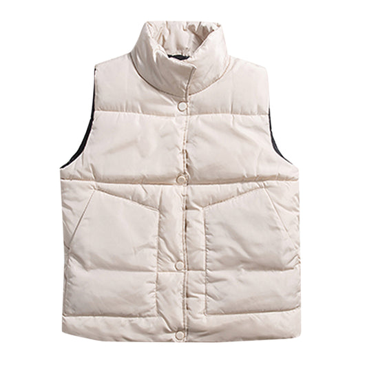 Men's solid color stand collar button cotton coat vest beige
