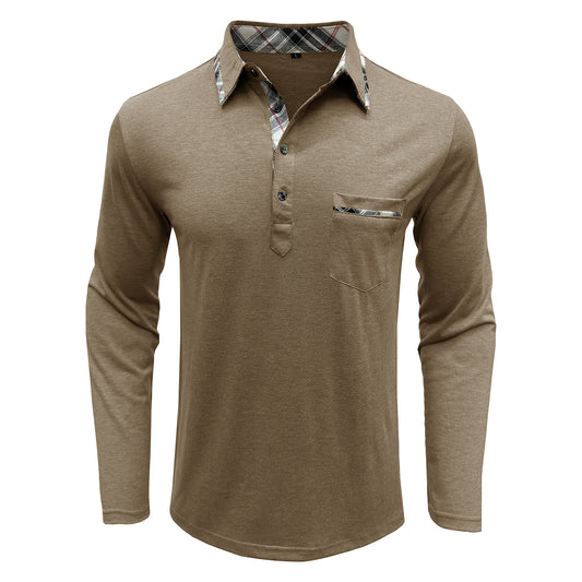 Men's lapel long sleeve slim T-shirt khaki