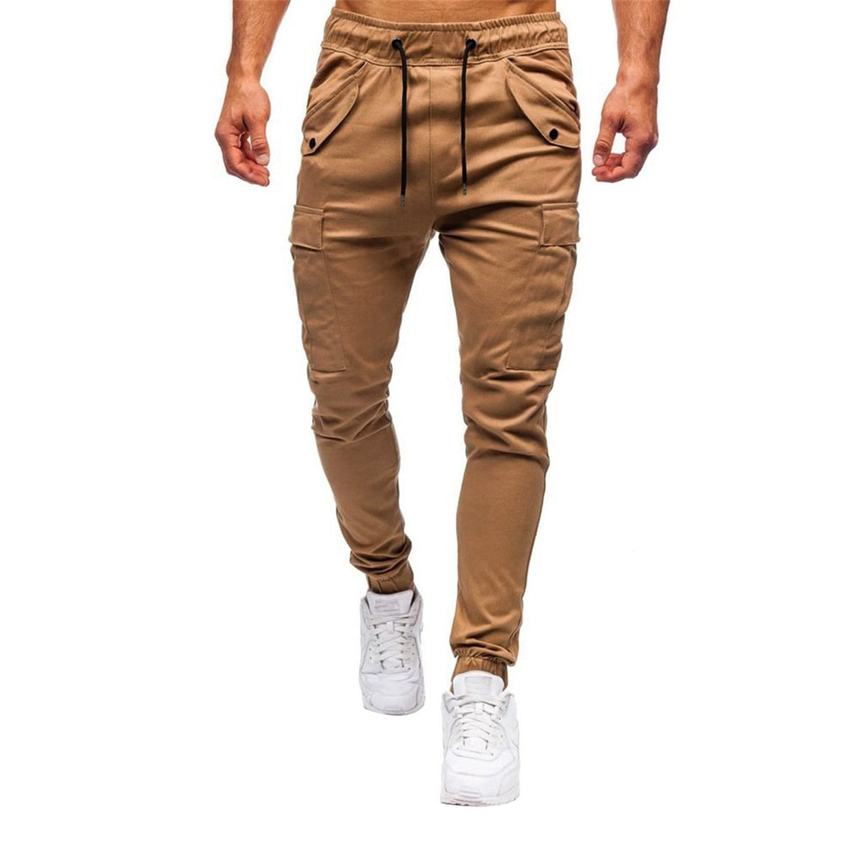 Men's solid color drawstring multi pocket sports casual pants khaki