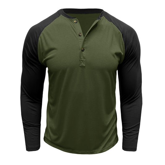 Men's color blocked round neck long sleeved T-shirt in military green
