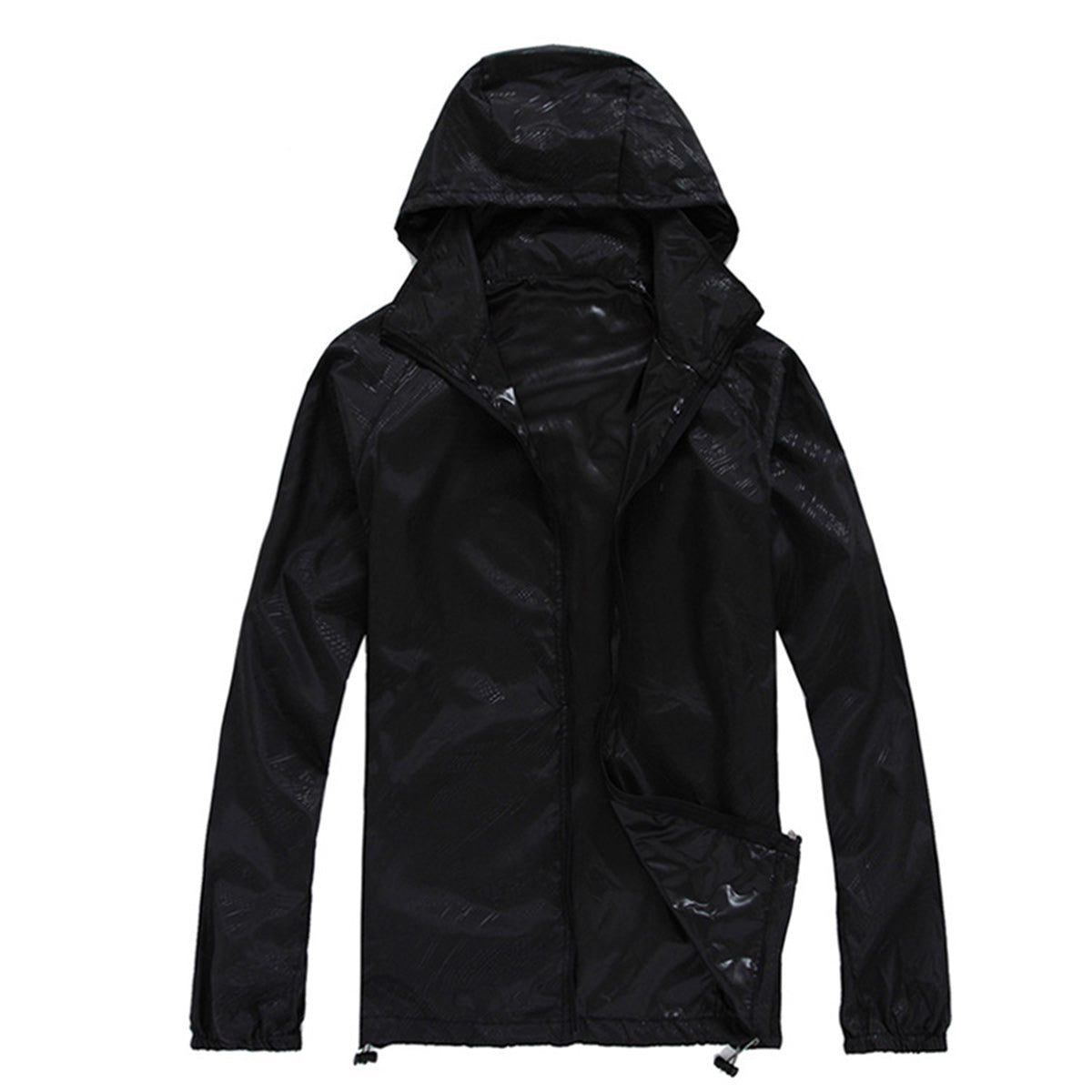 Men's solid color dark pattern zipper hooded waterproof sunscreen suit comes with a black storage bag in the same color