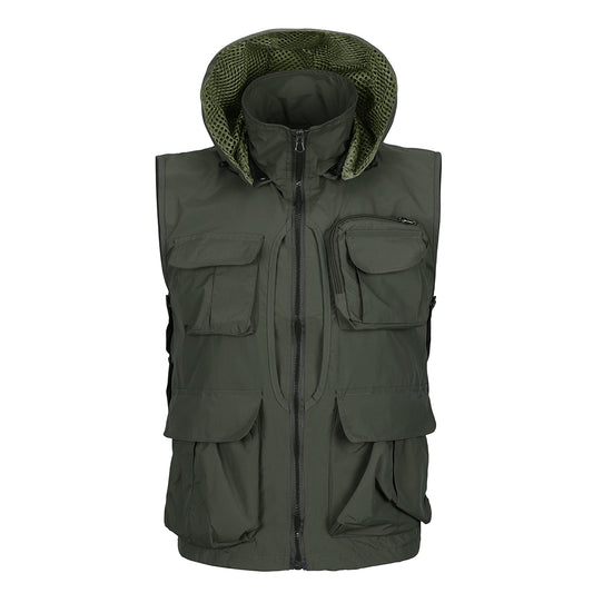 YOUTHUP Men's Solid Color Multi-Pocket Hooded Vest