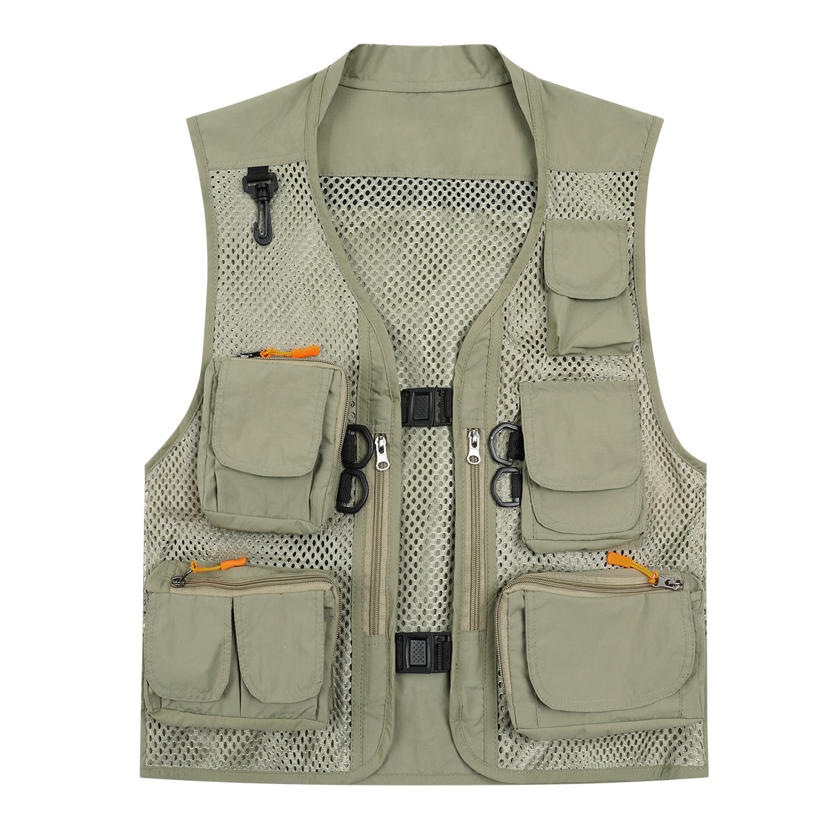 Men's solid color multi-pocket thin mesh casual vest khaki