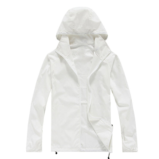 Men's solid color dark pattern zipper hooded waterproof sunscreen suit comes with a white storage bag in the same color