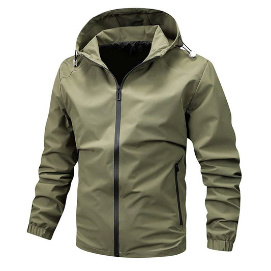 Men's single-zip hooded casual jacket in solid green