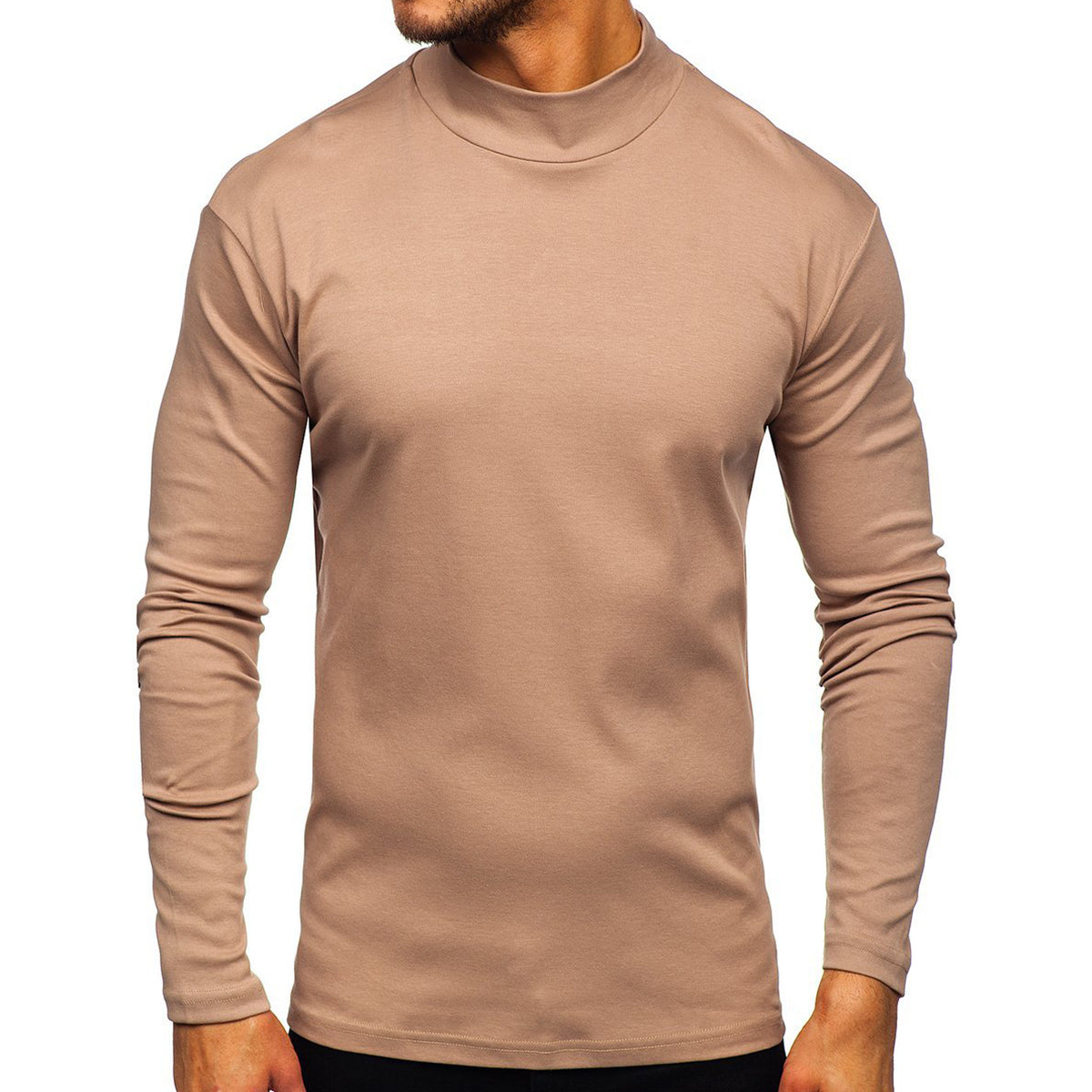 Men's solid color high neck long sleeved T-shirt khaki