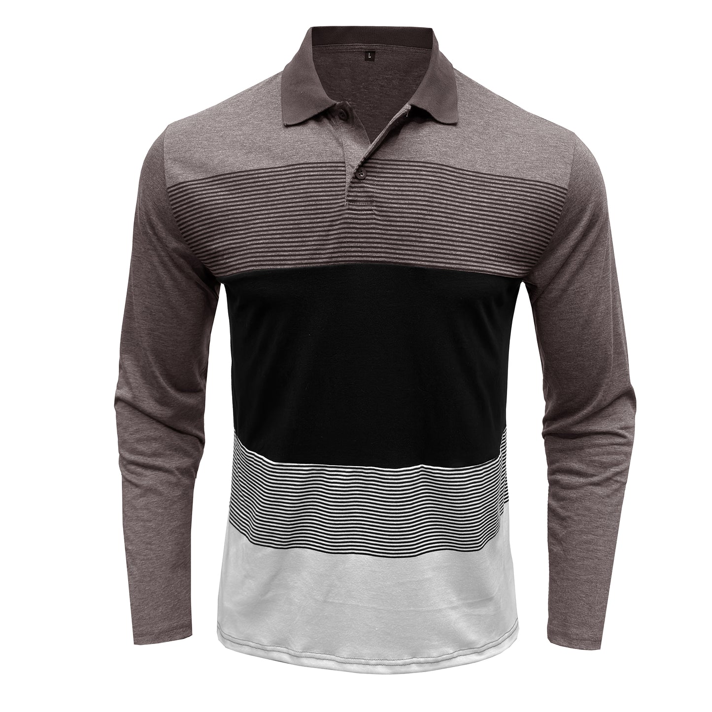 Men's colorblock lapel striped long-sleeved T-shirt coffee