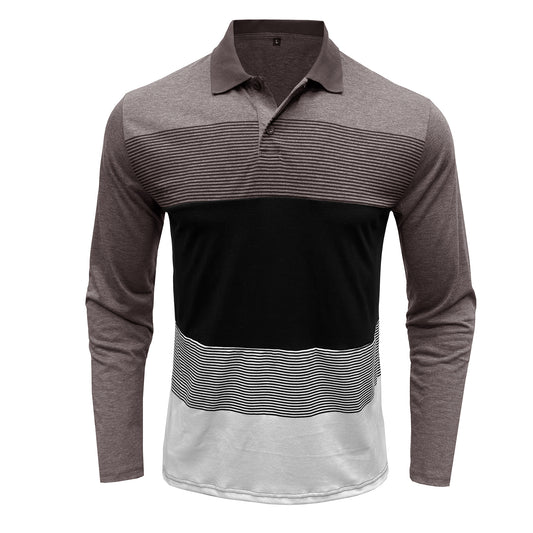 Men's colorblock lapel striped long-sleeved T-shirt coffee