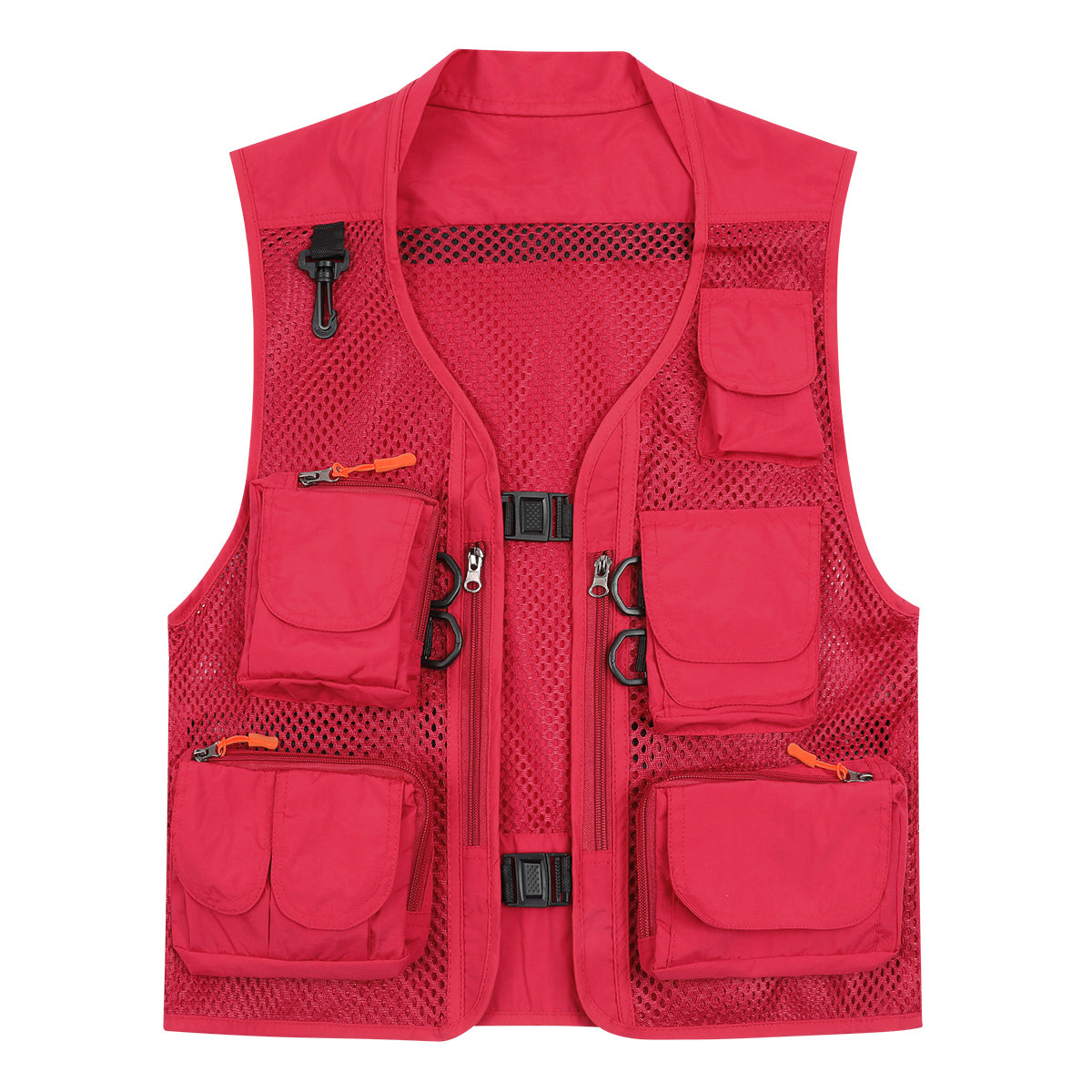 Men's solid color multi-pocket thin mesh casual vest red