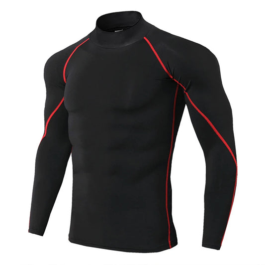 Men's solid color stand up collar long sleeved T-shirt with black background and red line