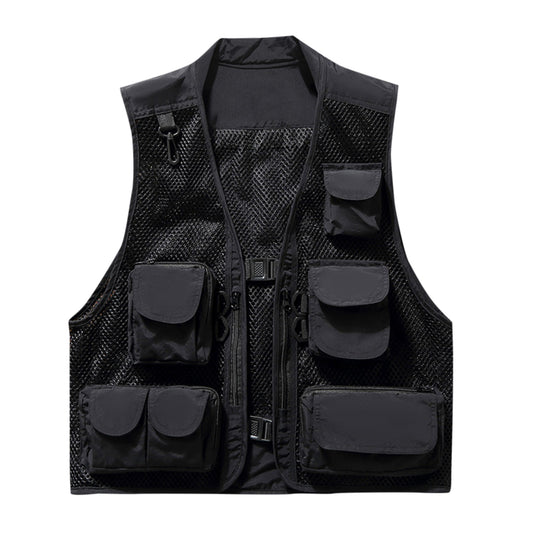 Men's solid mesh multi-pocket vest vest black