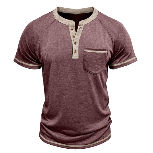 Men's solid color round neck half-breasted loose casual short-sleeved T-shirt dark red