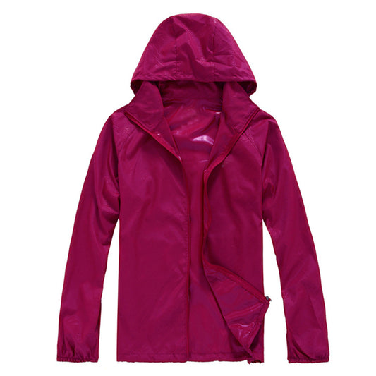 Men's solid color dark pattern zipper hooded waterproof sunscreen suit comes with a same color storage bag in deep rose red